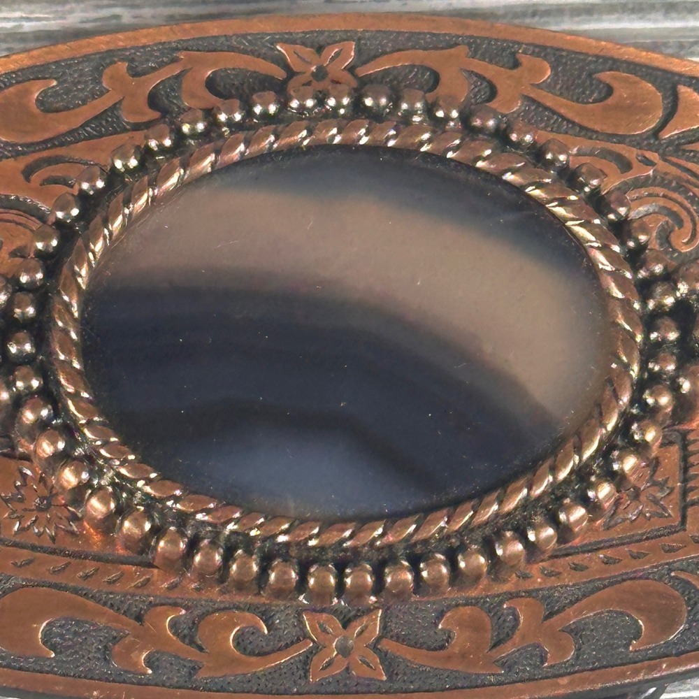 Western Belt Buckle Copper Tone Floral Scrollwork Banded Agate Stone Oval Mens - Picture 3 of 4